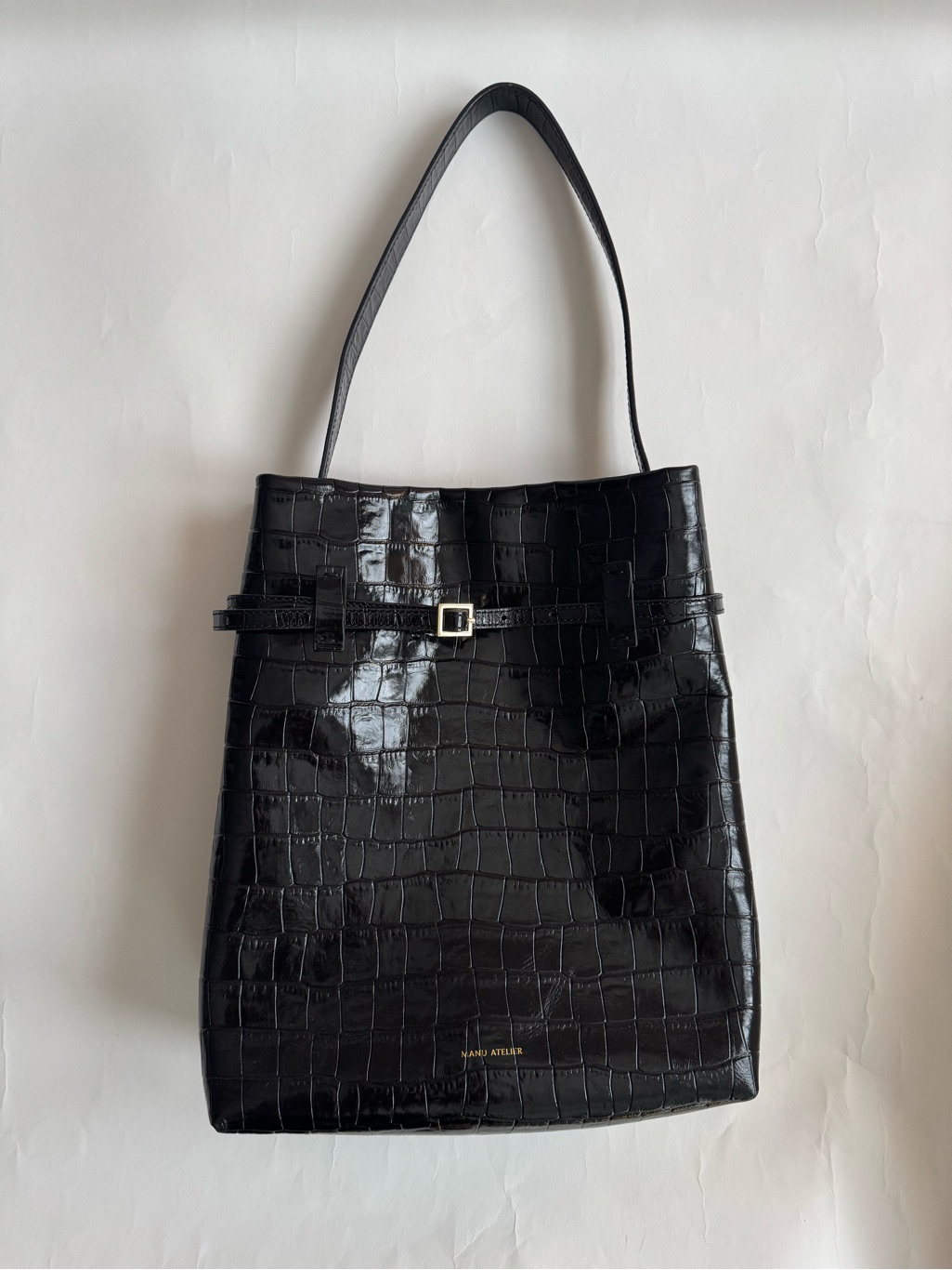 Manu Atelier Black Croc-Embossed Shoulder Tote De Jour Bag